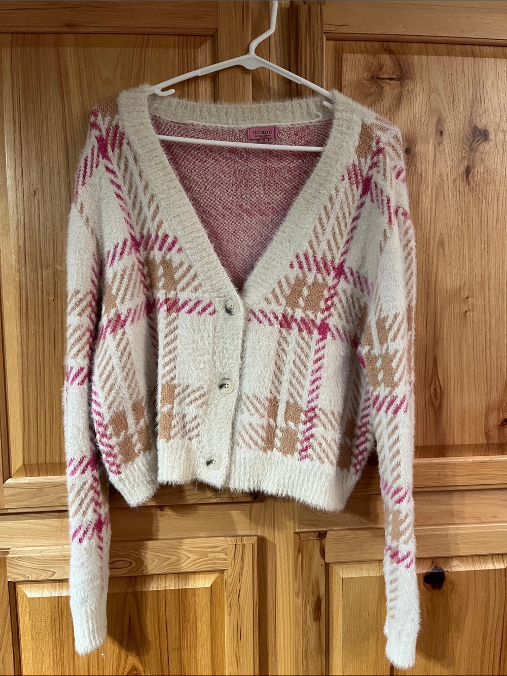 Miami for Francesca's Cream Plaid V-Neck Cardigan with Pink & Tan, size M